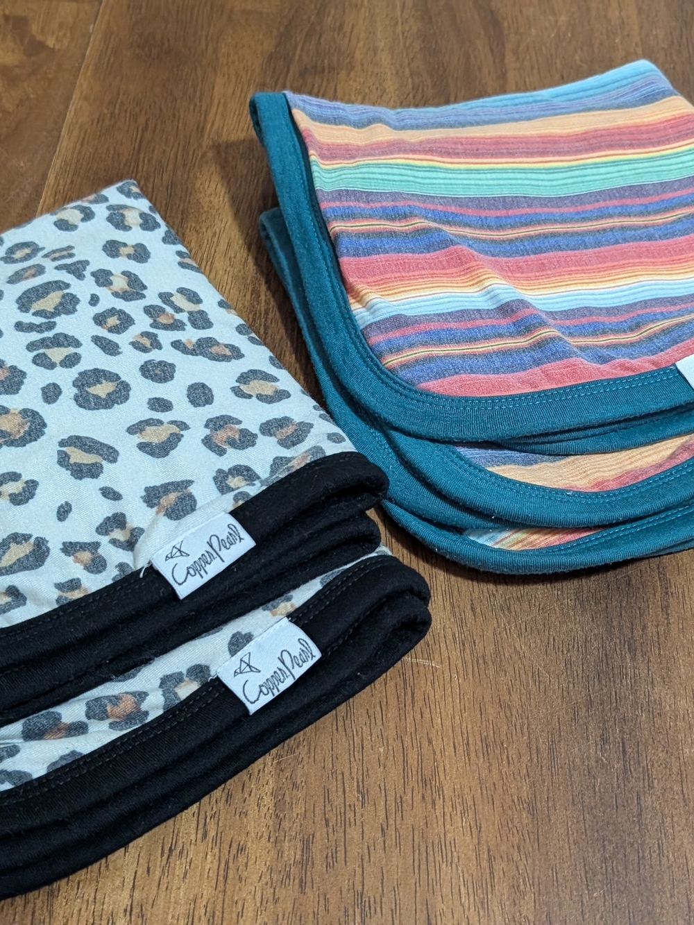 Copper Pearl Leopard & Rainbow Stripe Loveys Teal Trim